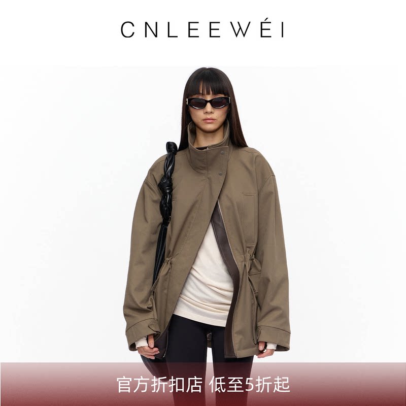 CNLEEWEI 2025秋季新款巴恩风中长风衣袖肘拼接PU外套