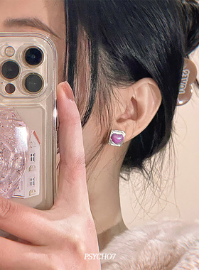 PSYCHO7新款方形炫彩果冻爱心耳钉甜酷小众设计高级感耳饰耳环