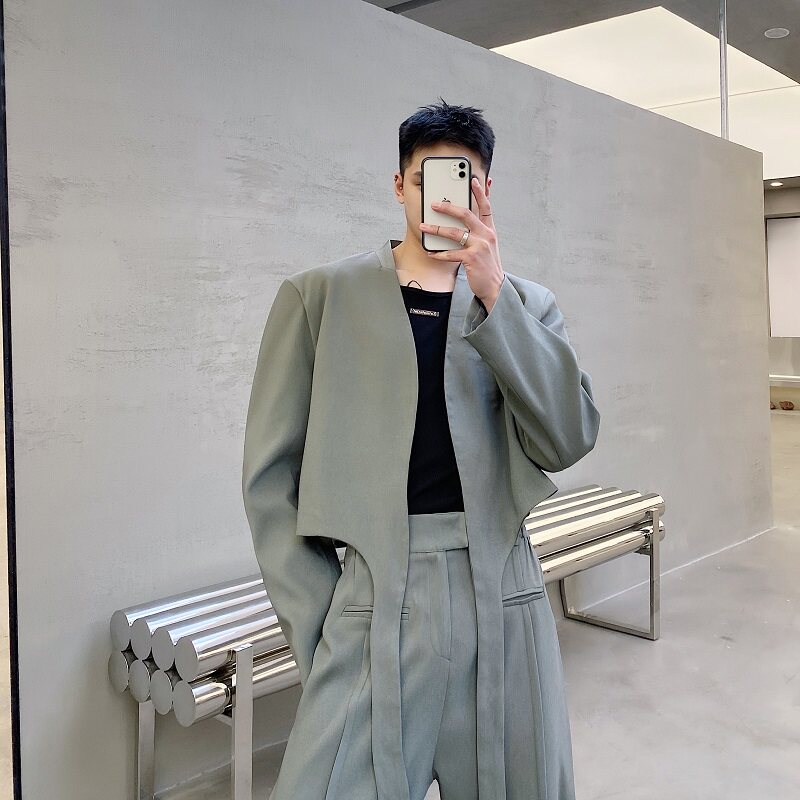 日系原创禁欲系小众设计感飘带西装男春季搭配凹造型两穿衣服外套