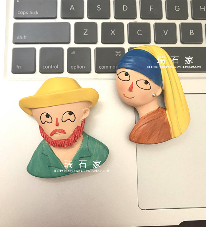 满58包邮梵高戴珍珠耳环的少女树脂冰箱贴ins抖音立体磁贴卡通q版