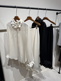 套装 TK原创设计2025夏季 衬衫 宽松休闲立体花朵白色纯棉长袖 新款