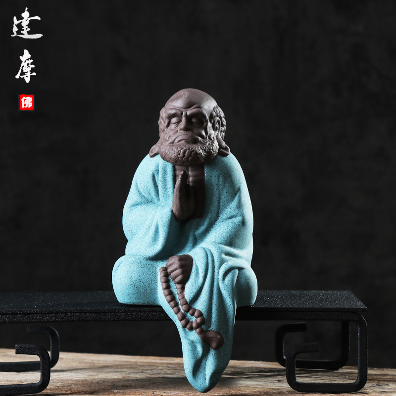 礼品陶瓷创意彩砂达摩祖师摆件禅意中式家居纯手工人物雕像装饰品