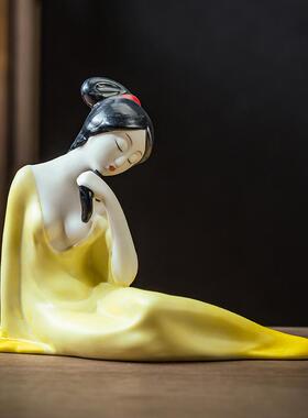 陶瓷手工艺品仕女摆件家居博古架展示柜桌面侍女装饰品少女摆设