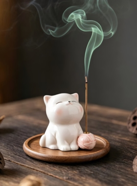 可爱治愈系猫咪摆件陶瓷小猫线香插香托香座书房桌面茶室檀香香薰