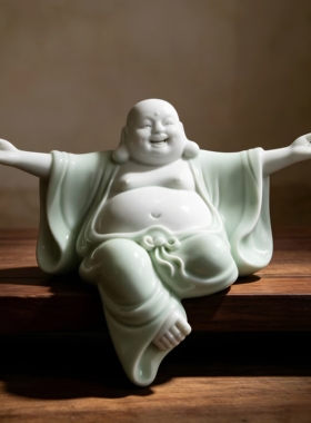 陶瓷招财开心弥勒佛小摆件办公室桌面玄关博古架笑佛像装饰品摆设