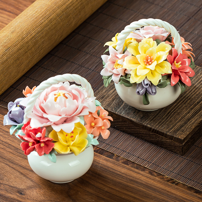 陶瓷手捏瓷花玉兰牡丹摆件