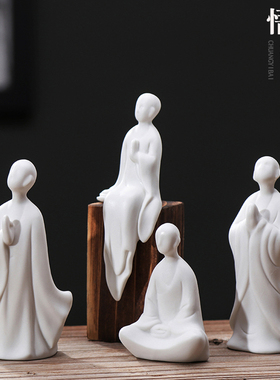 禅意白瓷人物中式小和尚茶道配件陶瓷无相佛盆景鱼缸装饰家居摆件