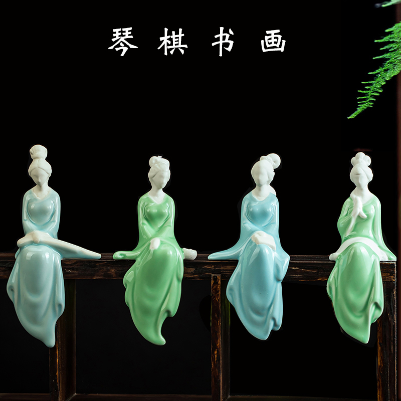 创意个性青瓷人物花宠琴棋书画仕女陶瓷摆件客厅酒柜装饰品微景观图片