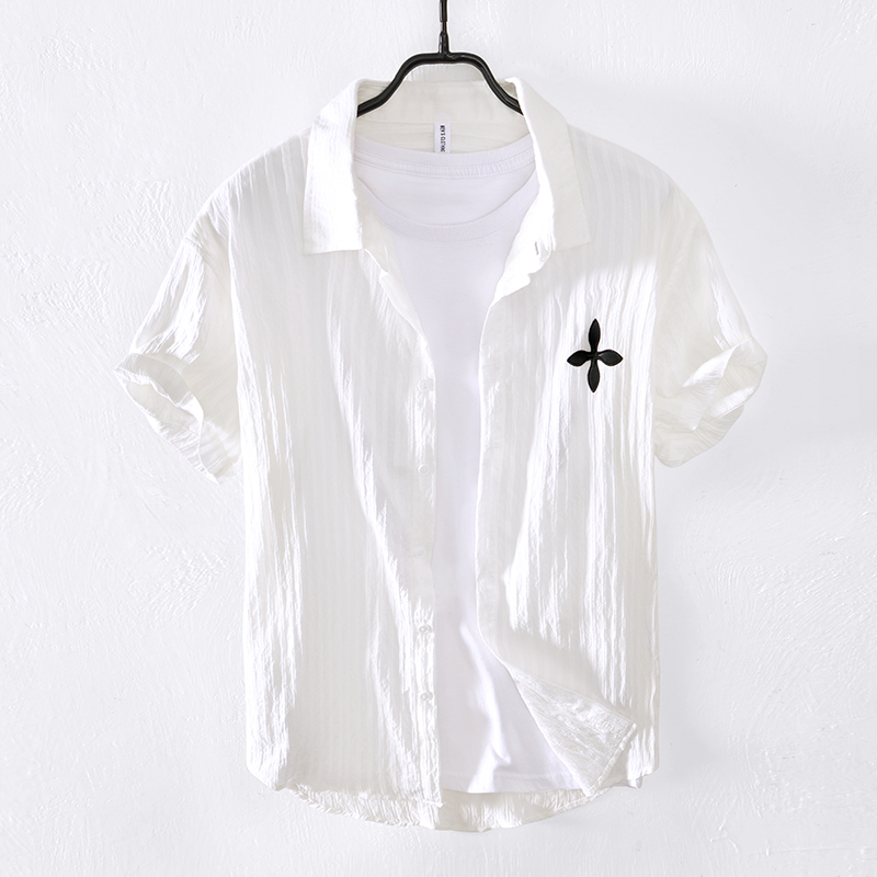 夏季新款男士短袖衬衫青年防晒外穿上衣衬衣白色方领时尚百搭寸衫