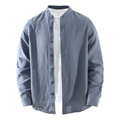 7826新款 百搭文艺休闲宽松麻料上衣外套 男士 日系亚麻立领长袖 衬衫