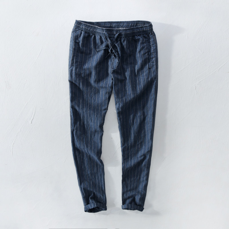 日系条纹亚麻休闲裤男士薄款小脚修身麻料青年直筒收腿棉麻长裤子,男装,休闲裤,淘宝优惠券,粉丝福利购,淘宝优惠卷