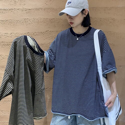 TYJR韩版宽松大码女装条纹T恤女