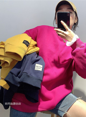 Tang 冬季新款韩版宽松休闲圆领拼接长袖加绒加厚卫衣女上衣18138