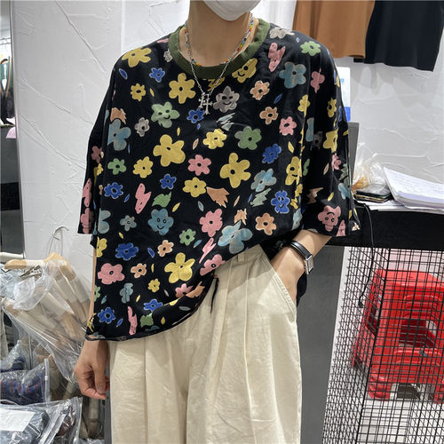 TY1980圆领短袖破洞印花T恤女夏