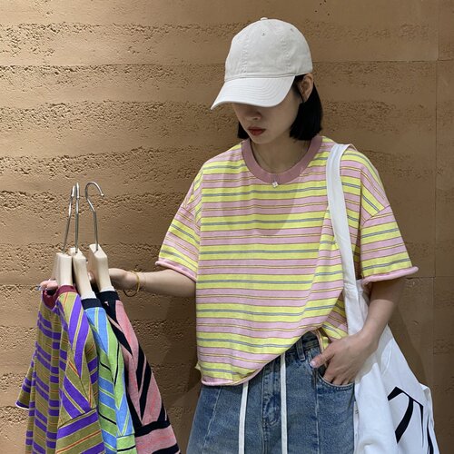 TYJR韩版宽松短款条纹短袖T恤女