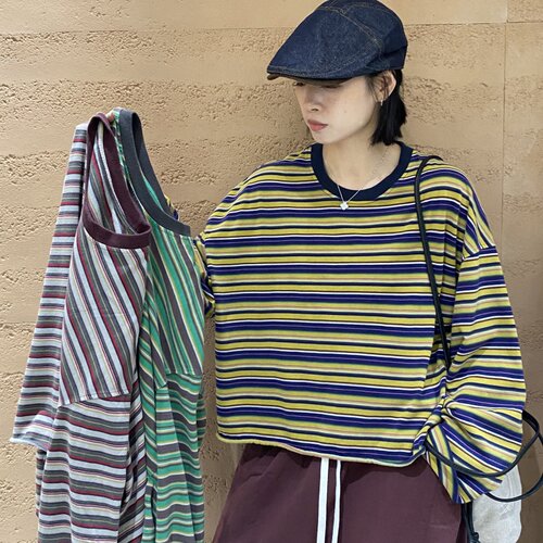 TYJR秋季新款条纹短款长袖T恤女