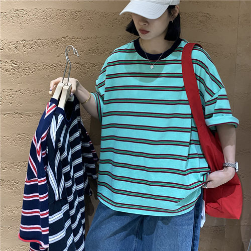 TYJR宽松纯棉条纹短袖T恤女上衣