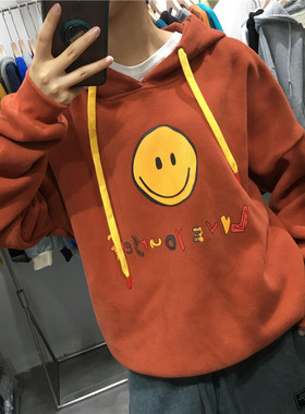 TY1989 冬季新款韩版宽松长袖笑脸印花加厚加绒连帽卫衣女212423