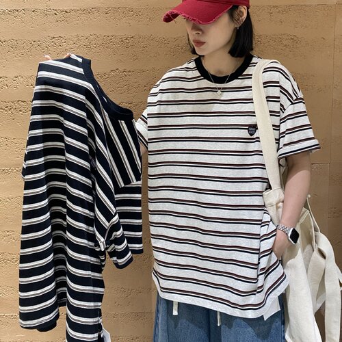 TYJR韩版宽松圆领条纹短袖T恤女