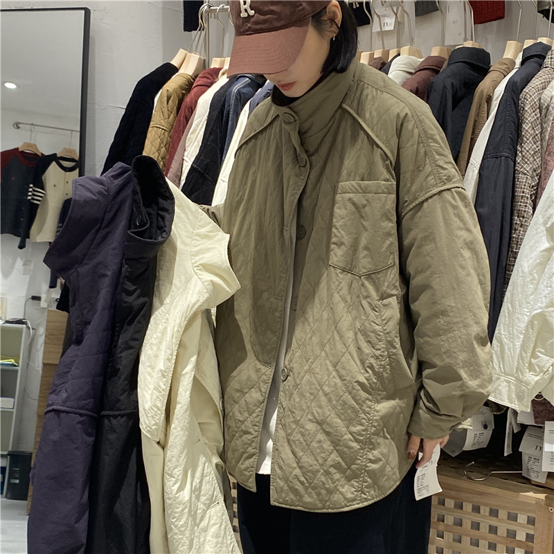 TYJR宽松中长款菱格夹棉衬衫棉服