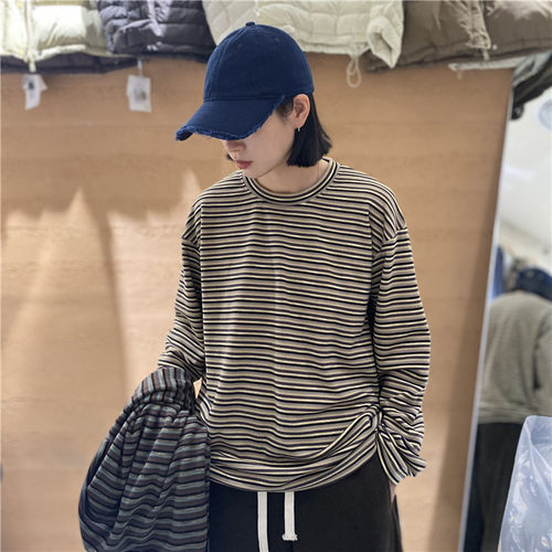 TYJR秋冬新款2025韩版宽松圆领慵懒百搭条纹德绒长袖T恤女57591