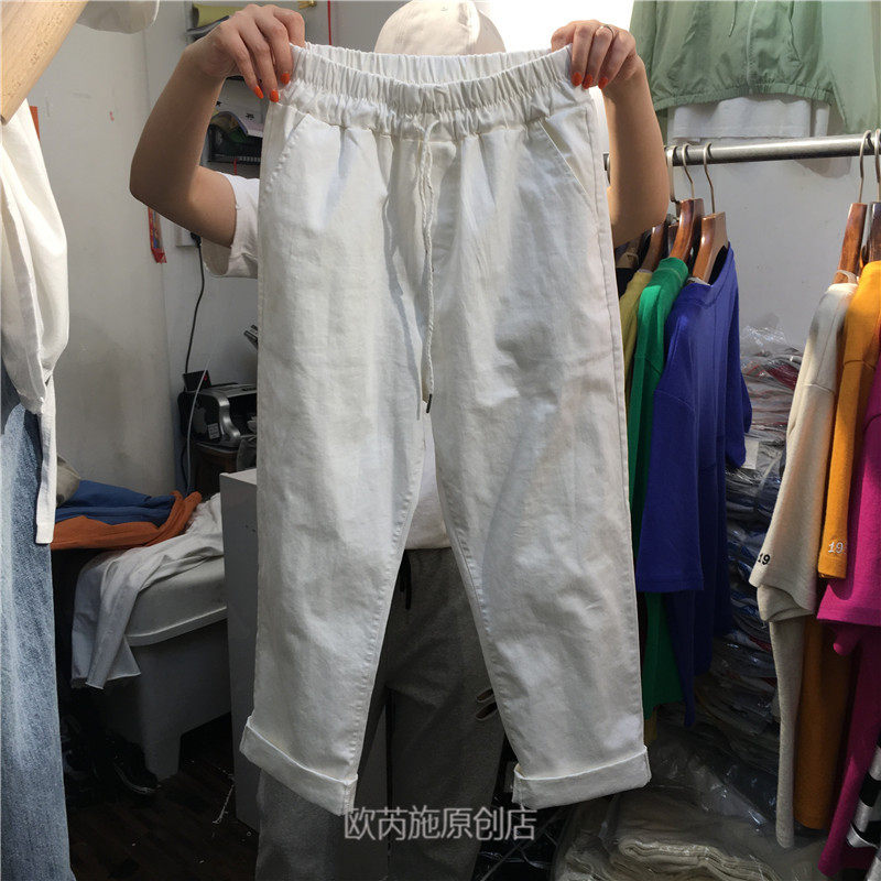 Tang 2020春款女装韩版抽绳松紧腰百搭直筒休闲裤九分裤女8923