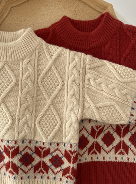 Danaekids2025秋冬韩版洋气圣诞款年服男女宝宝加厚套头麻花毛衣