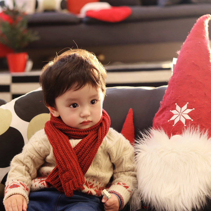 儿童纯色酒红色圣诞围巾韩版洋气男童女童百搭围巾