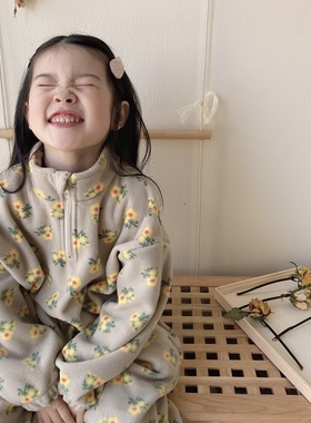 女童摇粒绒套装外套韩版幼儿园套装花朵拉链休闲上衣裤子家居服