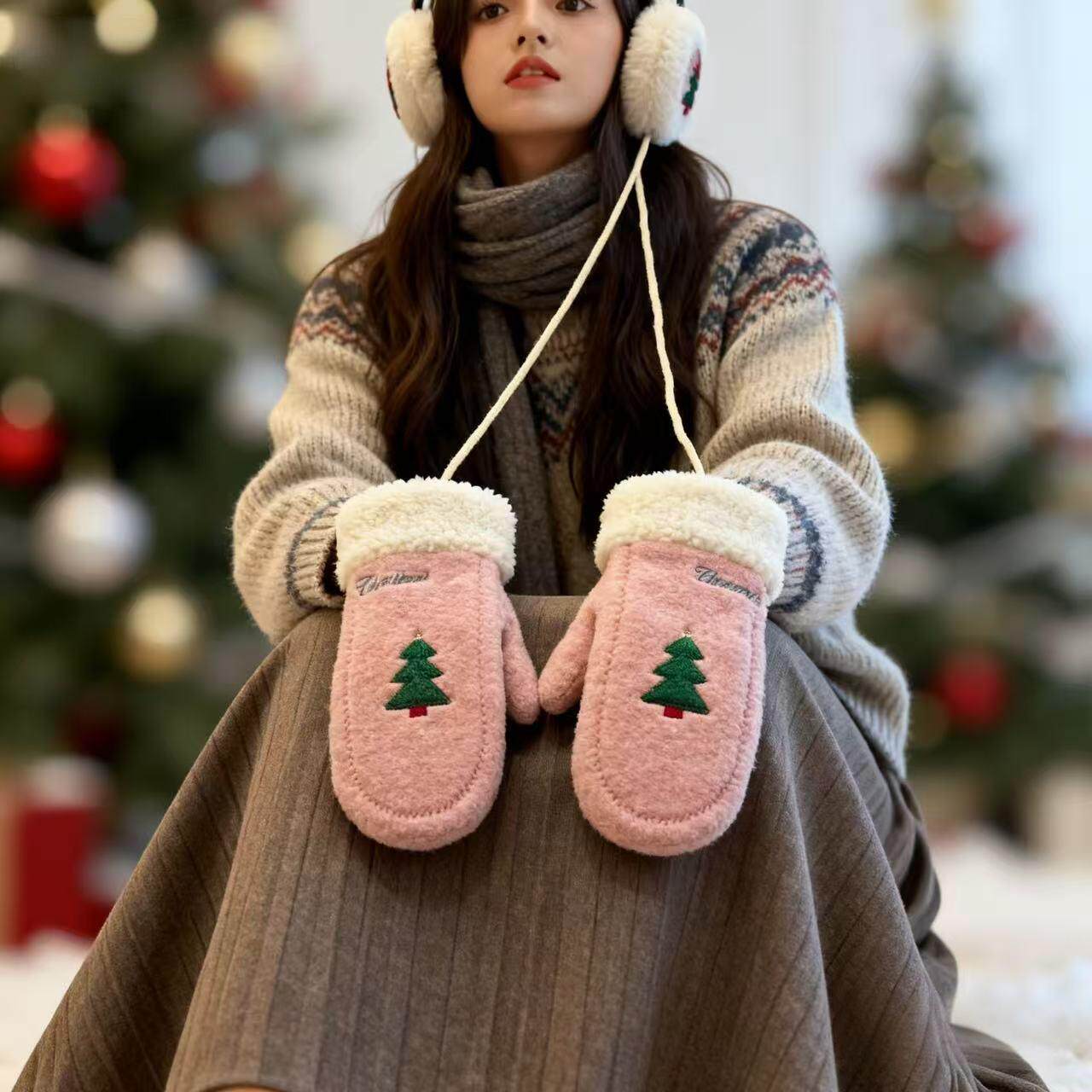 圣诞树手套女学生可爱韩版冬季户外骑行保暖加绒挂脖连指全指手套