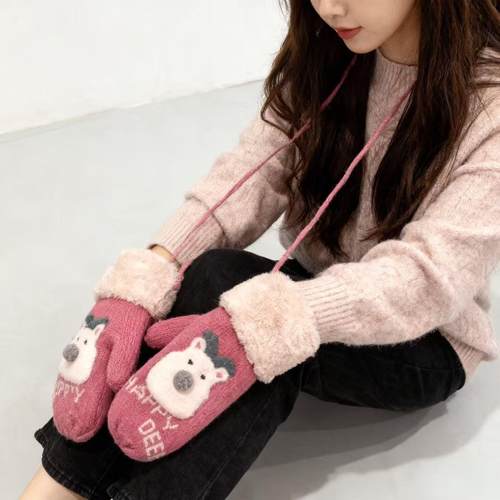 加厚加绒棉毛绒骑车骑行全指手套手套冬天女可爱学生连指挂脖保暖