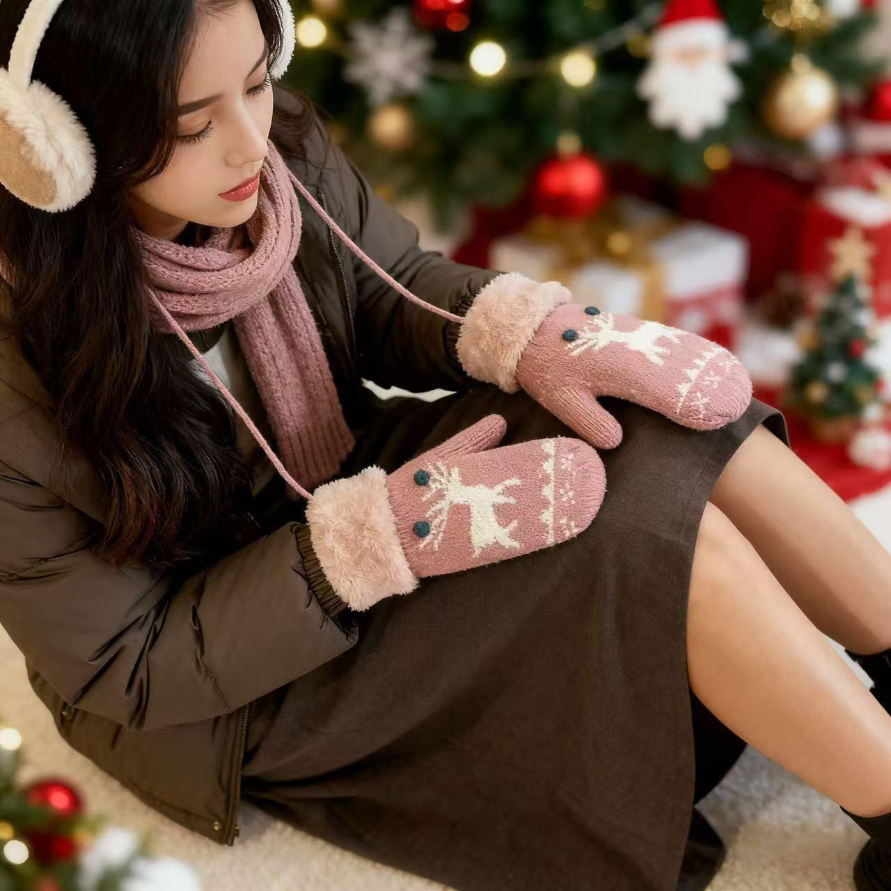 全包连指挂脖手套女士冬季加绒加厚毛线针织骑电动车防风防冻学生