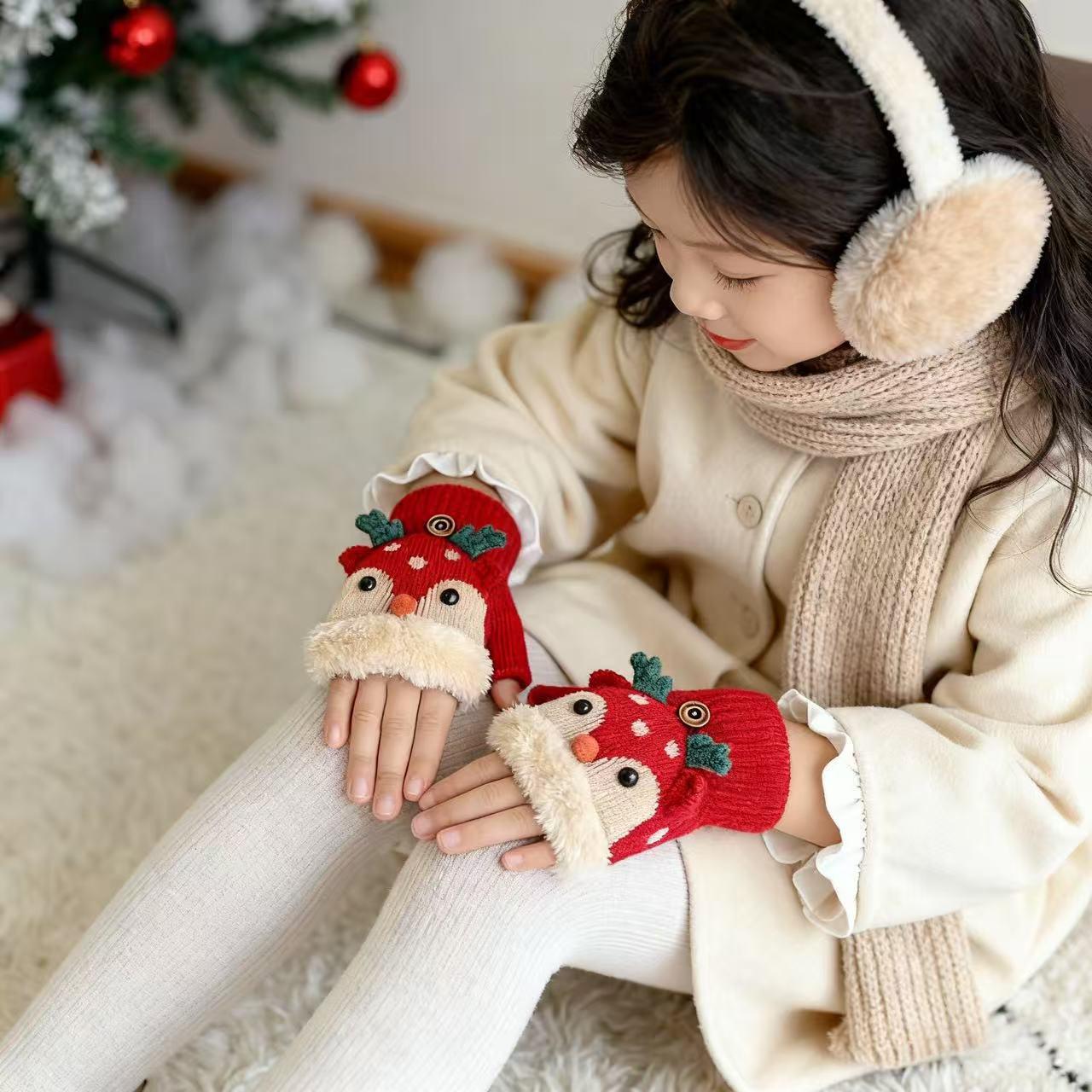 2-5岁宝宝手套加绒加厚冬季保暖男女童翻盖圣诞节儿童半指手套棉3