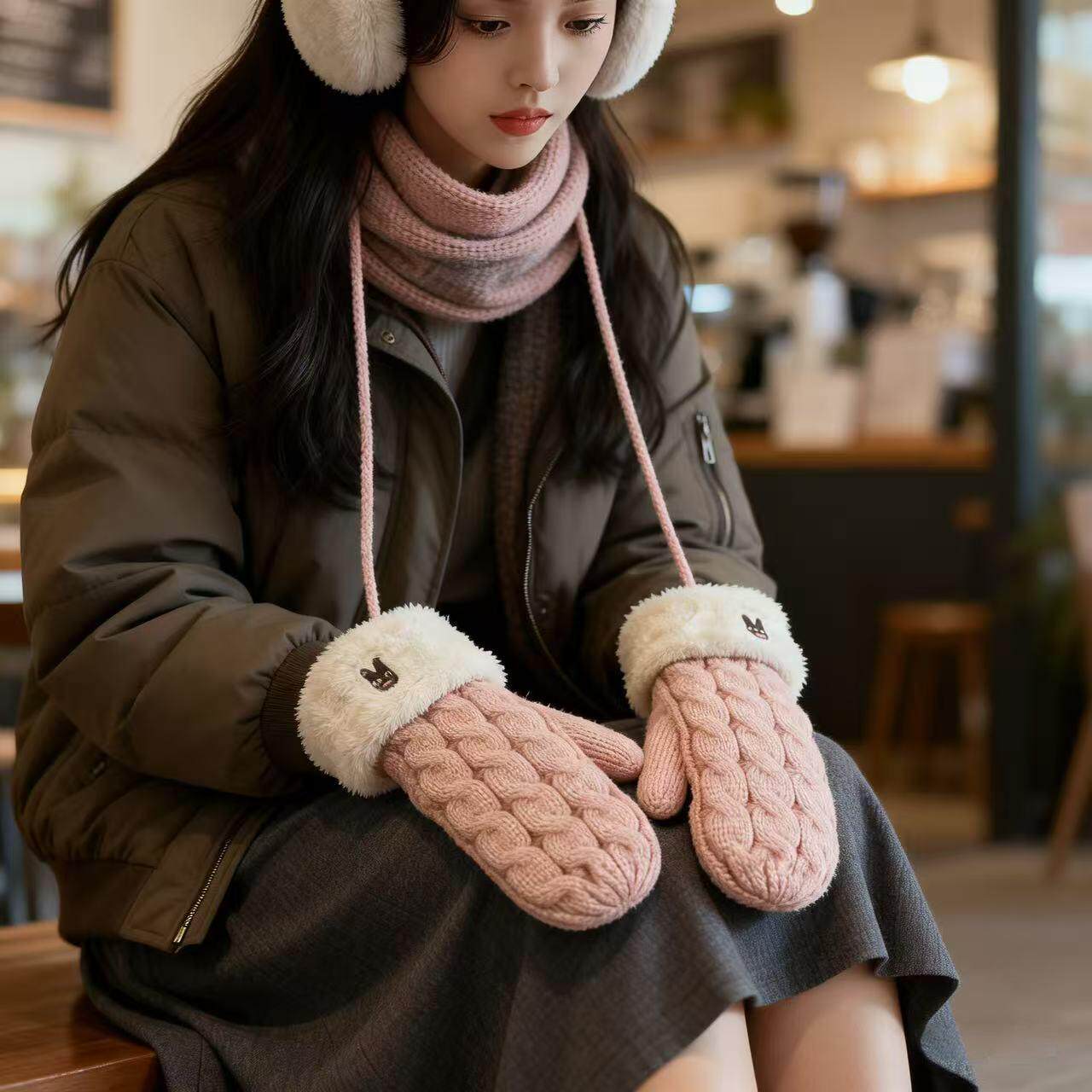 挂脖手套冬加厚加绒保暖毛线针织青年学生骑车毛线女防寒连指手套