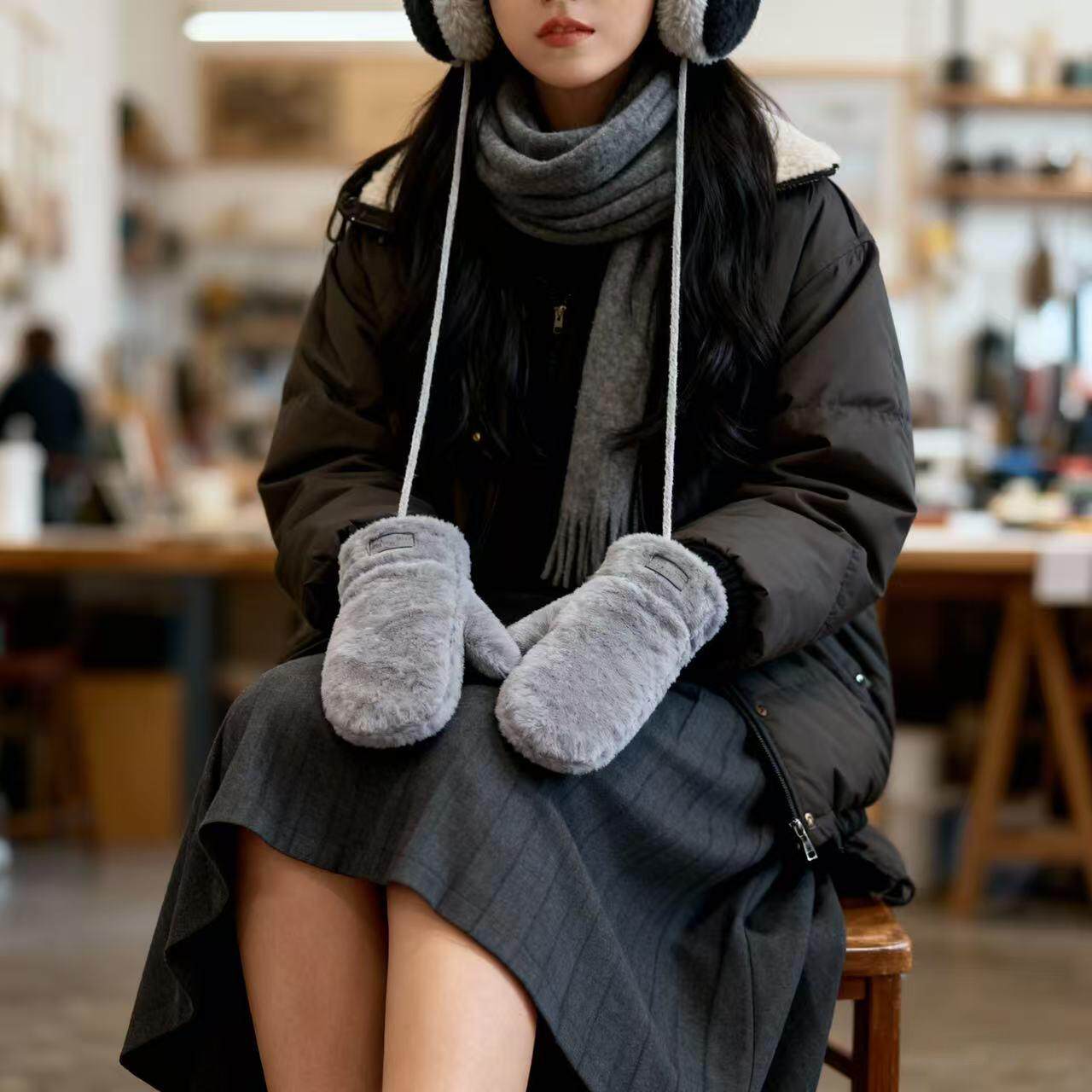 韩版冬天女生可爱卡通户外保暖防寒加绒加厚毛绒全包连指挂脖手套