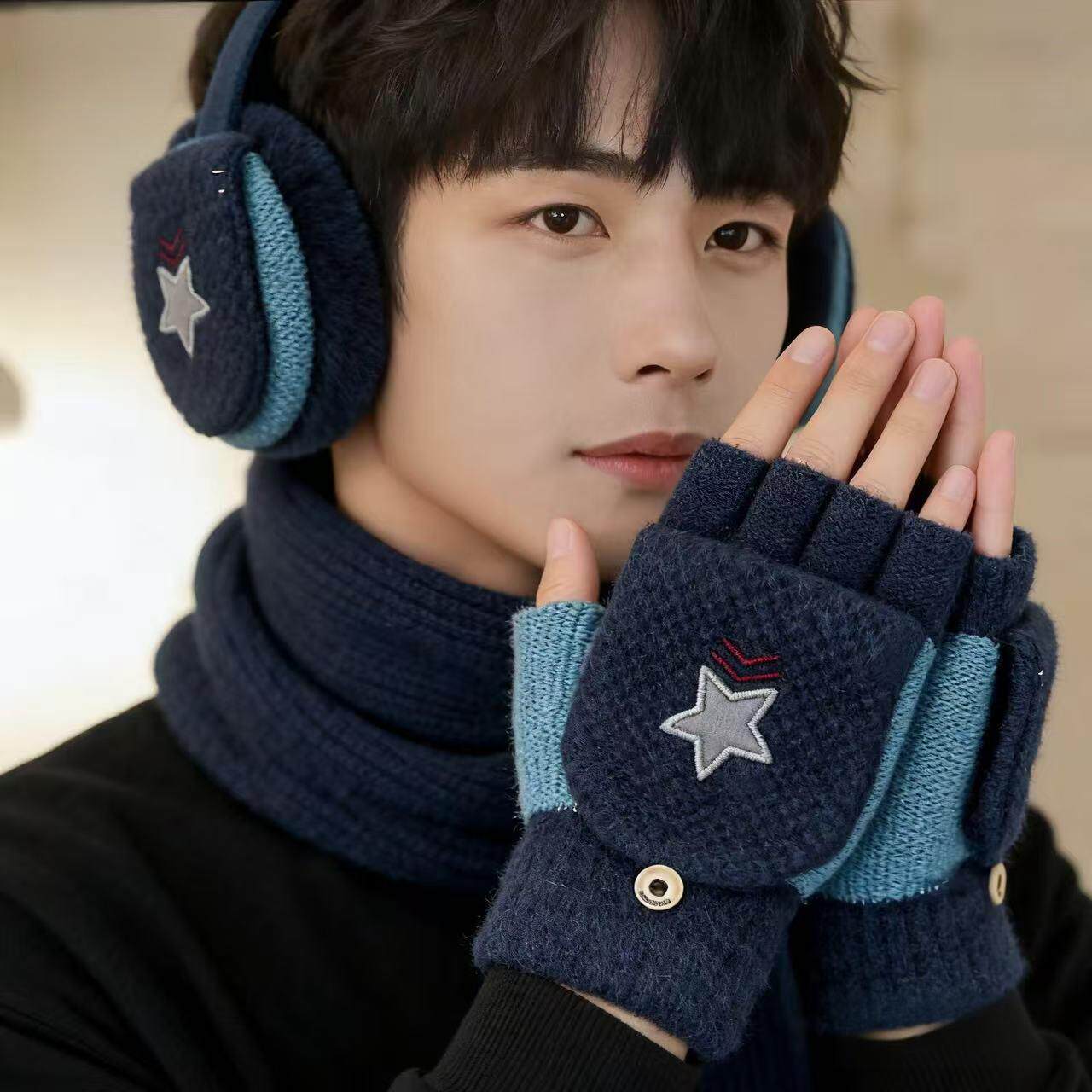 手套男冬天半指情侣学生写字露指韩版秋冬季针织毛线翻盖骑行保暖