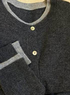 1冬00KDU%上美丽诺纯雷羊毛开衫女秋灰色假两件针织衫格系衣毛衣