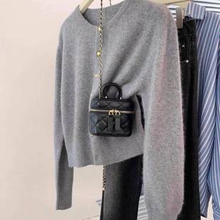 100纯羊毛女开衫 圆2领025春秋灰色针织毛衣外套2304高腰显瘦外%搭