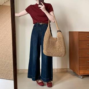 百休闲简约风直筒喇长 新款 大搭牌百搭2高腰BAN微复古裤 子025春季
