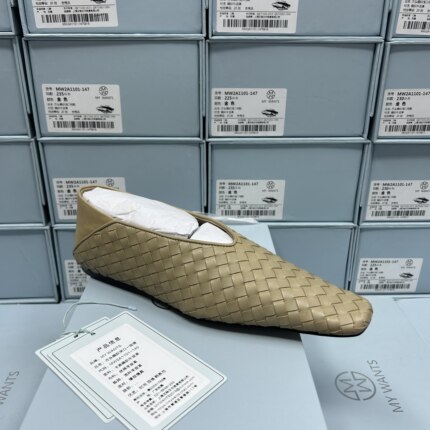 牛皮真皮编织尖头平底单鞋女一脚蹬浅口休闲1145卡其色B4