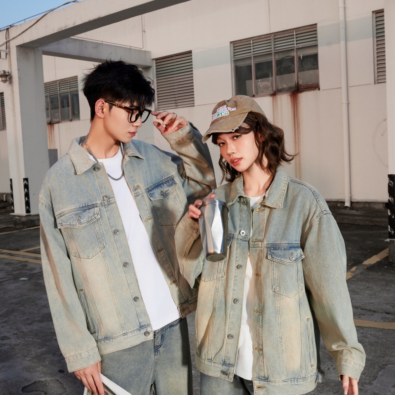 美式街头痞帅翻领牛仔外套男春秋季潮牌复古宽松情侣百搭休闲夹克
