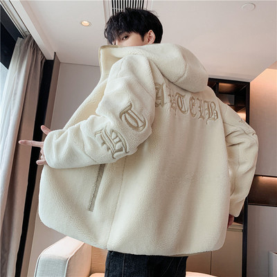 羊羔绒卫衣男2025冬季潮流男装青少年连帽外套摇粒绒加厚男士夹克