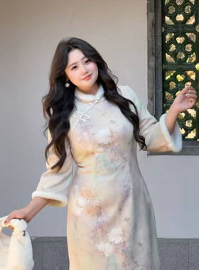 52026胖MM新中式改良加绒连衣裙2025女冬季新款修身气质大码旗袍