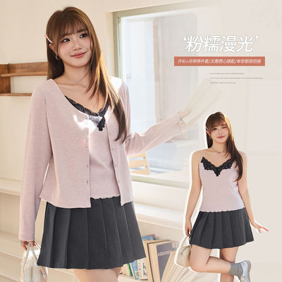 气质V领开衫蕾丝花边背心春款胖mm大码女装遮肉显瘦两件套66149