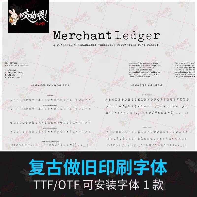 复古油墨打字机做旧印刷品牌海报Logo标志衬线英文字体设计素材ps