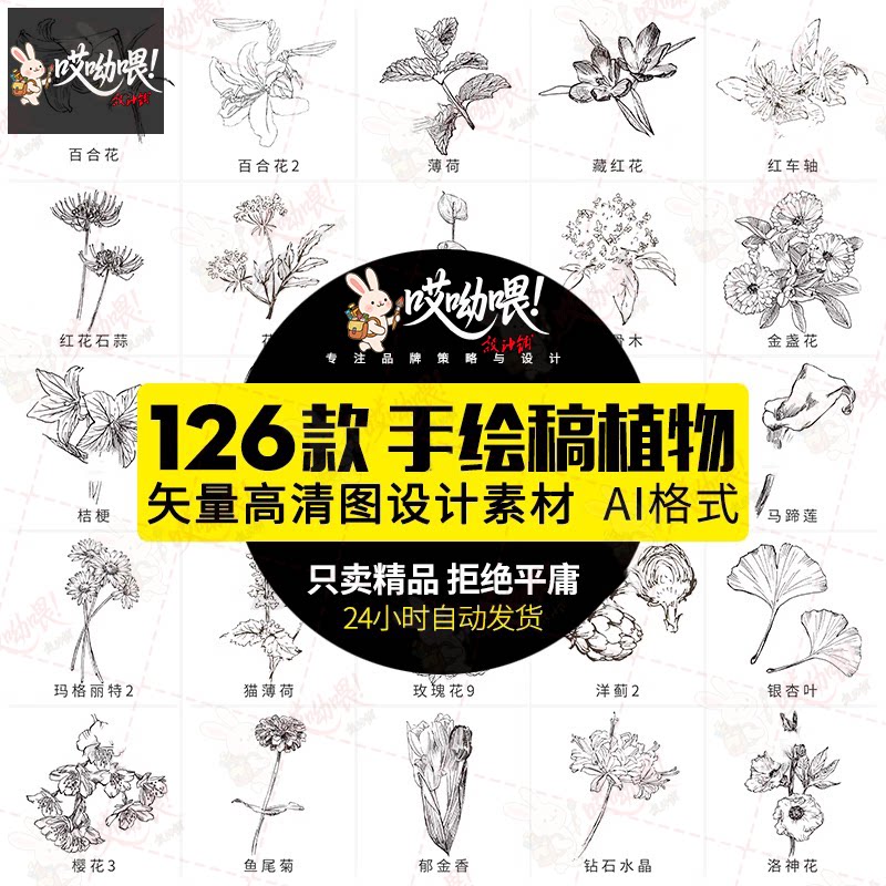 手绘本草元素中草药植物花卉图鉴护肤化妆产品包装广告设计AI素材