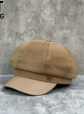 香港I.Tgreg休闲皮沿驼色八角帽女秋冬帽子百搭字母贝雷帽画家帽