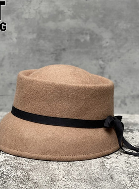 香港I.Tgreg羊毛呢礼帽女秋冬凹顶水桶帽蝴蝶结渔夫帽盆帽毡帽潮