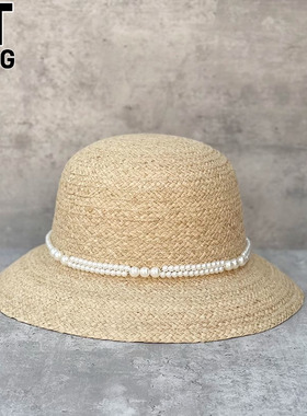 香港I.Tgreg女拉菲草编织大檐草帽法式珍珠链礼帽百搭防晒遮阳帽