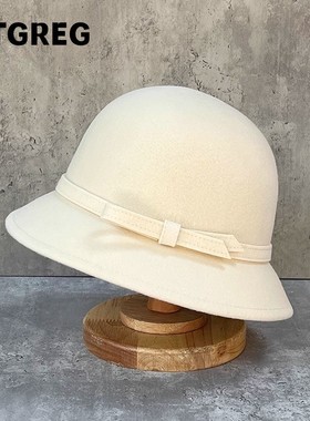 香港I.TGREG羊毛呢渔夫帽女款法式秋冬圆顶礼帽盆帽优雅白色帽子